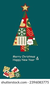 Feliz tarjeta de felicitación de Navidad. Patrón geométrico escandinavo de Navidad. Personajes de Navidad Santa, árbol, garland, calcetín, decoración, copo de nieve. Ilustración vectorial.