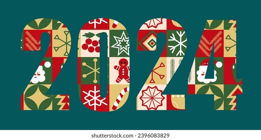 Bauhaus pattern abstract geometric.Merry Christmas greeting card. Christmas Scandinavian geometric pattern. Christmas characters Santa, tree, garland, sock, decoration, snowflake. Vector illustration.