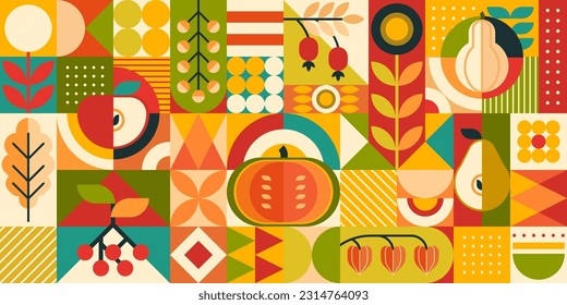 Bauhaus pattern with autumn and Thanksgiving harvest. Fall season, happy Thanksgiving or October wrapping paper vector texture. Textile background with Bauhaus autumn vegetables, fruits shapes