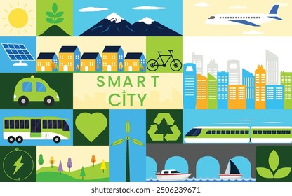 bauhaus pattern background with green city and modern smart city concept. geometric urban scene landscape