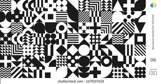 Bauhaus pattern background, vector abstract geometric black and white circle, triangle and square lines. Memphis or Bauhaus Swiss background with monochrome pattern