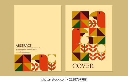 Bauhaus pattern book cover with geometric bird and plant shapes. retro design. A4 size for catalog designs, annual reports, flyers, posters, brochures, journals.