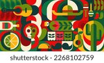 Bauhaus pattern with mexican motif. Vector background with simple geometric shapes, skull, cactus, tequila and sombrero. Jalapeno pepper, mustaches, tacos or guitar with maracas modern art ornament