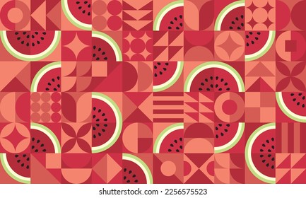 Bauhaus pattern of red watermelon cut elements and simple geometric shapes. Minimalist abstract horizontal fruits poster, for decoration, banner, flyer design, cover, food or drink packaging print.