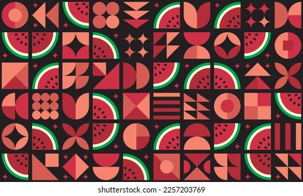 Bauhaus pattern of red watermelon cut elements and simple geometric shapes. Minimalist abstract horizontal fruits poster, for decoration, banner, flyer design, cover, food or drink packaging print.