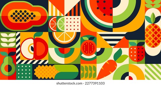 Bauhaus pattern with tropical fruits. Vector background with papaya, watermelon, apple and avocado. Pineapple, citrus, orange with lime or lemon and strawberry. Vegetables carrot or tomato and corn