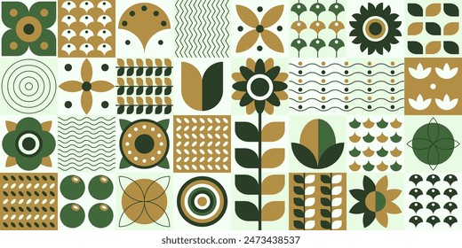 Bauhaus plants in a flat style, tiles pattern design, wallpaper with petals, leaves, geometric forms and shapes. Vector illustration.