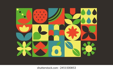 Bauhaus plants, natural folk ethnic geometric pattern in tiles, decorative abstract art with flowers, leaves, fruits, vegetables, banner, wallpaper, black background