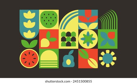 Bauhaus plants, natural folk ethnic geometric pattern in tiles, decorative abstract art with flowers, leaves, fruits, vegetables, banner, wallpaper, black background