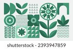 Bauhaus plants, natural geometric pattern in tiles, decorative abstract art with flowers and leaves, vector illustration, banner, wallpaper.