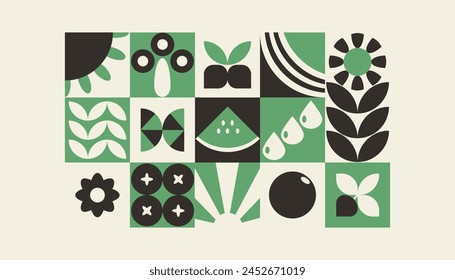 Bauhaus plants, natural geometric pattern in tiles, decorative abstract art with flowers, leaves, fruits, vegetables, banner, wallpaper