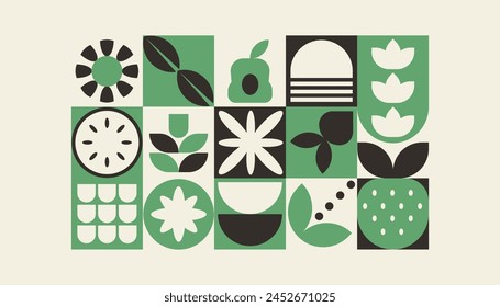 Bauhaus plants, natural geometric pattern in tiles, decorative abstract art with flowers, leaves, fruits, vegetables, banner, wallpaper