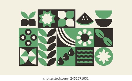 Bauhaus plants, natural geometric pattern in tiles, decorative abstract art with flowers, leaves, fruits, vegetables, banner, wallpaper