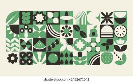 Bauhaus plants, natural geometric pattern in tiles, decorative abstract art with flowers, leaves, fruits, vegetables, banner, wallpaper