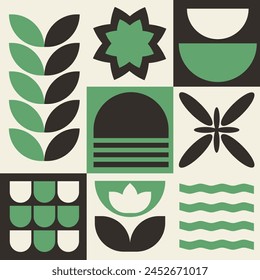 Bauhaus plants, natural geometric square pattern in tiles, decorative abstract art with flowers, leaves, sun, water, banner, wallpaper