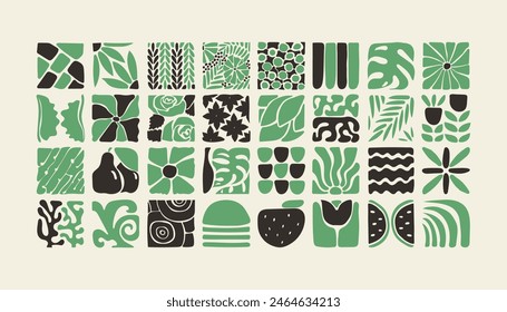 Bauhaus plants, natural monochrome pattern in tiles, decorative abstract art with flowers, leaves, fruits, vegetables, stones, banner, wallpaper