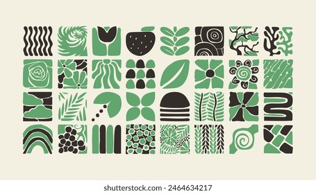 Bauhaus plants, natural monochrome pattern in tiles, decorative abstract art with flowers, leaves, fruits, vegetables, stones, banner, wallpaper