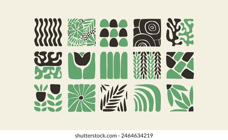 Bauhaus plants, natural monochrome pattern in tiles, decorative abstract art with flowers, leaves, fruits, vegetables, stones, banner, wallpaper