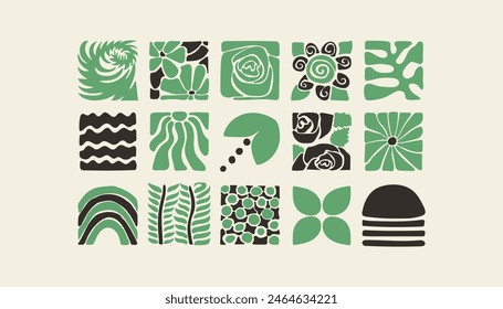 Bauhaus plants, natural monochrome pattern in tiles, decorative abstract art with flowers, leaves, fruits, vegetables, stones, banner, wallpaper