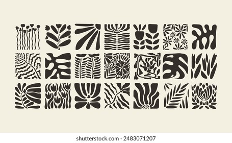 Bauhaus plants, natural monochrome pattern in tiles, decorative abstract art with flowers, leaves, fruits, vegetables, stones, banner, wallpaper