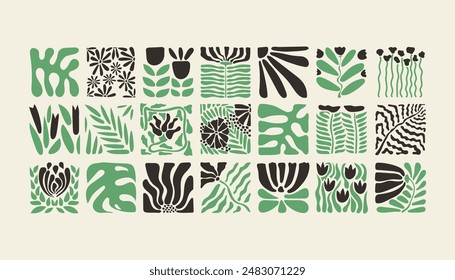 Bauhaus plants, natural monochrome pattern in tiles, decorative abstract art with flowers, leaves, fruits, vegetables, stones, banner, wallpaper