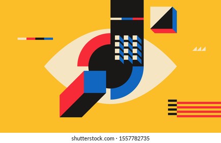 Bauhaus popular pattern illustration. Colorful flat cartoon character background in trendy 90s style. Young people texture geometric team mosaic block. Complex relevance composition.