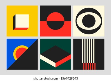 Bauhaus popular seamless pattern illustration. Colorful flat cartoon character background in trendy 90s style. Young people texture geometric team mosaic block. Complex relevance composition.