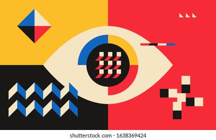 Bauhaus popular seamless pattern illustration. Colorful flat cartoon character background in trendy 90s style. Young people texture geometric team mosaic block. Complex relevance composition.