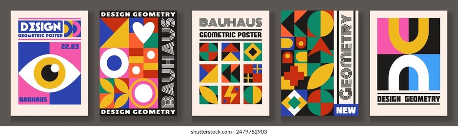 Bauhaus poster. Abstract certificate book. Geometric color shapes. Blocks pattern. Geometry design minimal figures. Art funky form icons. Flat creative collage. Basic tile. Vector tidy banners set