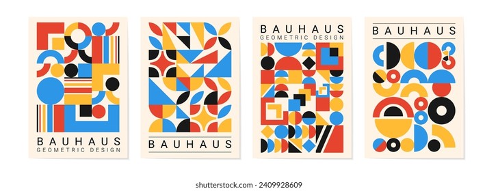 Bauhaus poster. Circle geometry architecture, form icon abstract Memphis style, design grid, square and triangle shaped, retro shape texture. Modern composition flat vector minimal design garish art