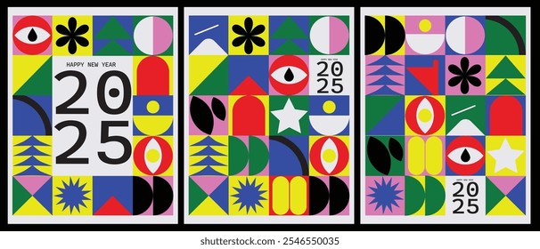 bauhaus poster design with geometric patterns, happy new year 2025 design