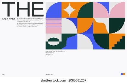 Diseño de plantillas de diseño de afiches Bauhaus con tipografía limpia y un patrón vectorial mínimo con formas geométricas abstractas coloridas. Excelente para presentación de marca, impresión de álbum, encabezado de sitio web, banner web