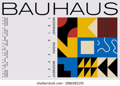 Bauhaus poster design template layout with clean typography and minimal vector pattern with colorful abstract geometric shapes. Great for branding presentation, album print, website header, web banner