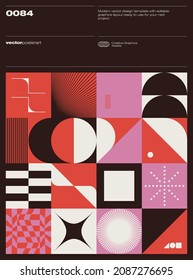 Bauhaus poster design template layout with clean typography and minimal vector pattern with colorful abstract geometric shapes. Great for branding presentation, album print, website header, web banner