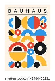 Bauhaus poster. Different vibrant color geometric forms. Minimal collage style, vertical banner, flyer, wall art or notebook cover, trendy geometry design, composition contemporary vector illustration