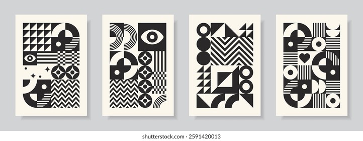 Bauhaus poster set. Abstract monochrome designs with simple geometric shapes. Cards in retro minimal flat style. Black and white seamless pattern collection.Vector illustration.