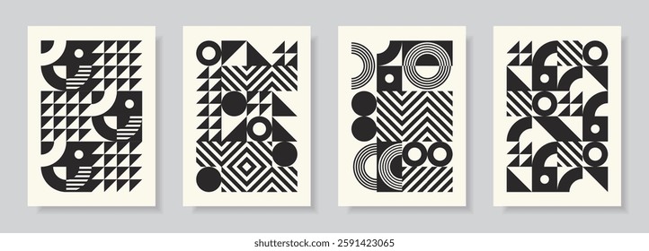 Bauhaus poster set. Abstract monochrome designs with simple geometric shapes. Cards in retro minimal flat style. Black and white seamless pattern collection.Vector illustration.