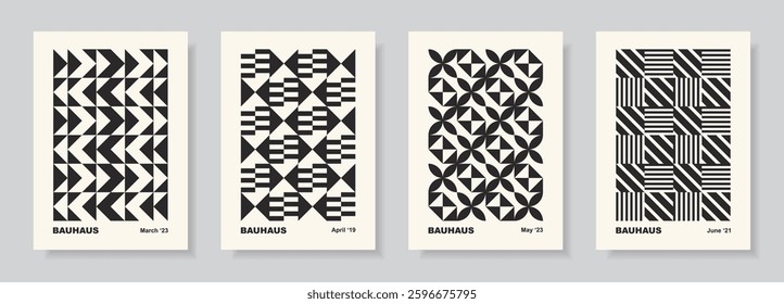 Bauhaus poster set. Abstract monochrome designs with simple geometric shapes. Cards in retro minimal flat style. Black and white seamless pattern collection.Vector illustration.