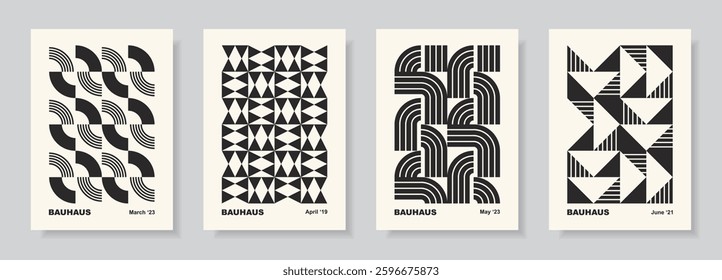 Bauhaus poster set. Abstract monochrome designs with simple geometric shapes. Cards in retro minimal flat style. Black and white seamless pattern collection.Vector illustration.