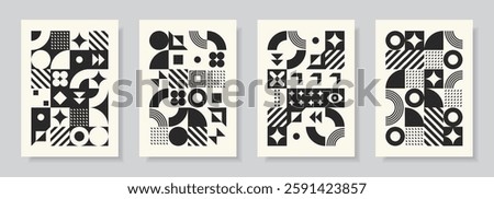 Bauhaus poster set. Black and white seamless pattern collection. Abstract monochrome designs with simple geometric shapes. Vector illustration. Cards in retro minimal flat style. 
