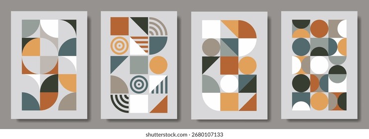 Bauhaus poster set of geometric vector pattern minimal posters with 20s geometric design. Trendy vintage pattern background for cover design, poster and interior.
