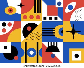  Bauhaus poster template with geometric colorful vivid eye pattern. Futuristic vector background. Abstract universal brochure in swiss retro minimal style. 