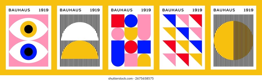 Bauhaus Poster Vector Set. Bauhaus Style Abstract Poster Designs with Geometric Shapes. Retro Bauhaus Wall Art Posters.