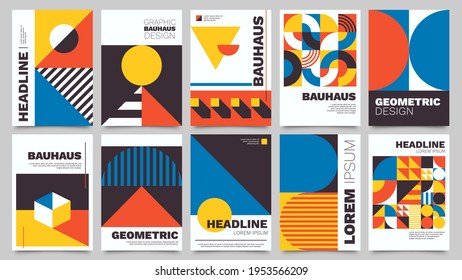 Bauhaus-Plakate. Moderne abstrakte Broschüre mit geometrischen Formen, Dreiecken, Kreisen und Quadraten. Minimal kühne Architektur Stil Vektorset mit Basis-Figuren Vorlagen. Artwork-Album-Cover