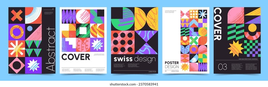 Bauhaus posters with textured geometric patterns and abstract forms, retro cover design. Trendy minimalist poster with simple figures, circles and stars, modern swiss aesthetic print vector set