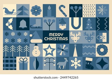 Bauhaus retro blue monochrome geometric pattern, background Merry Christmas