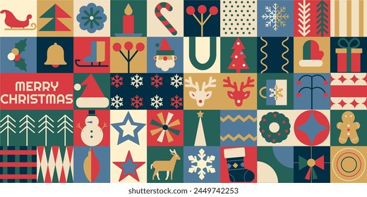 Bauhaus retro geometric pattern, background Merry Christmas and Happy New Year. Flat geometric modern illustration 