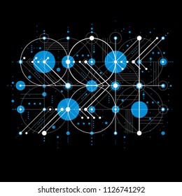 Bauhaus retro wallpaper, art vector blue background made using grid and circles. Geometric graphic 1960s illustration can be used as booklet cover design.