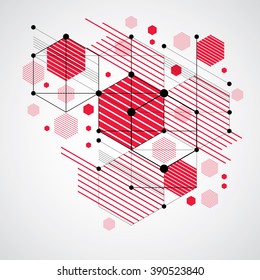 Bauhaus retro wallpaper, art vector red background made using grid, circles and rhombuses. Geometric graphic 1960s illustration can be used as booklet cover design. Technological pattern.