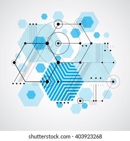 Bauhaus retro wallpaper, art vector blue background made using grid, circles and rhombuses. Geometric graphic 1960s illustration can be used as booklet cover design. Technological pattern.